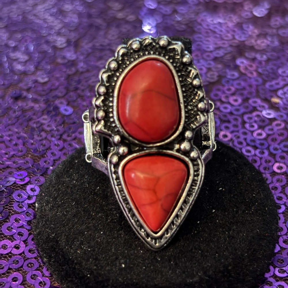 paparazzi Red Double Stone Ornate Silver-Tone Ring